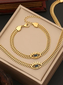 2pcs/Set Choice Of All Evil Eye Choker Necklace And Bracelet Set For Women Blue Evil Eye Bracelets For Girls,Stainless Steel With 18k Gold Plating