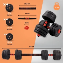 Juego de mancuernas de 20 kg, 3 en 1, juego de pesas ajustables para gimnasio en casa, gimnasio, entrenamiento, con barra de conexión para hombres y mujeres - Negro - Ver 2