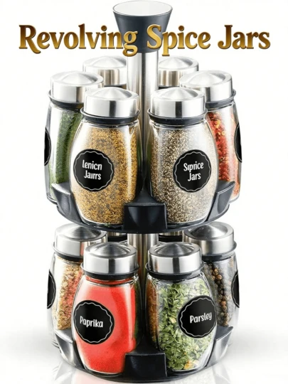 1pc Practical Rotating Spice Rack Storage Box - Rotating Countertop Herb And Spice Condiment Storage Jars, 6 Glass Jars On 1 Layer, 12 Glass Jars On 2 Layers, Kitchen Storage Helper For Kitchen, School, Home Gatherings (Includes Stand And Labels)