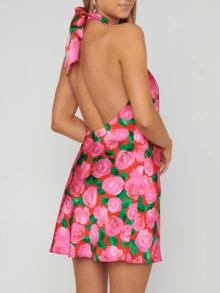 Womens Y2k Floral Print/Solid Color Slim Fit Mini Dress Summer Stylish Halter Neck Sleeveless Open Back Short Dress Fashionable Beack Party Vacation Bodycon Dress - 粉色 - 查看 2