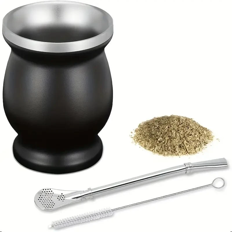 Meoky 1个8盎司不锈钢双层马黛茶杯,配有吸管和刷子,真空隔热葫芦形茶杯,适合居家、办公、旅行或户外使用,是享用马黛茶的理想之选,也是一份贴心的礼物。 - 黑色 - 查看 1
