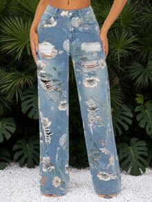 新款女式印花破洞阔腿百搭休闲街头风牛仔裤 - 中等水洗藍 - 查看 3