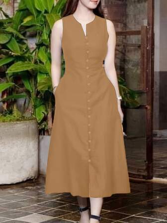 女士优雅派对太阳裙深绿色/黑色/玫红色/驼色，时尚 V 领无袖口袋 A 字裙 - 适合休闲外出派对日常通勤