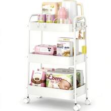 3-Tier Metal Rolling Cart With Wheels, Storage Utility Organizer Cart For Kitchen, Bathroom, Office, Baby Essentials & Makeup - Lockable Casters, Easy Assembly, Large Capacity - trắng - Xem 10