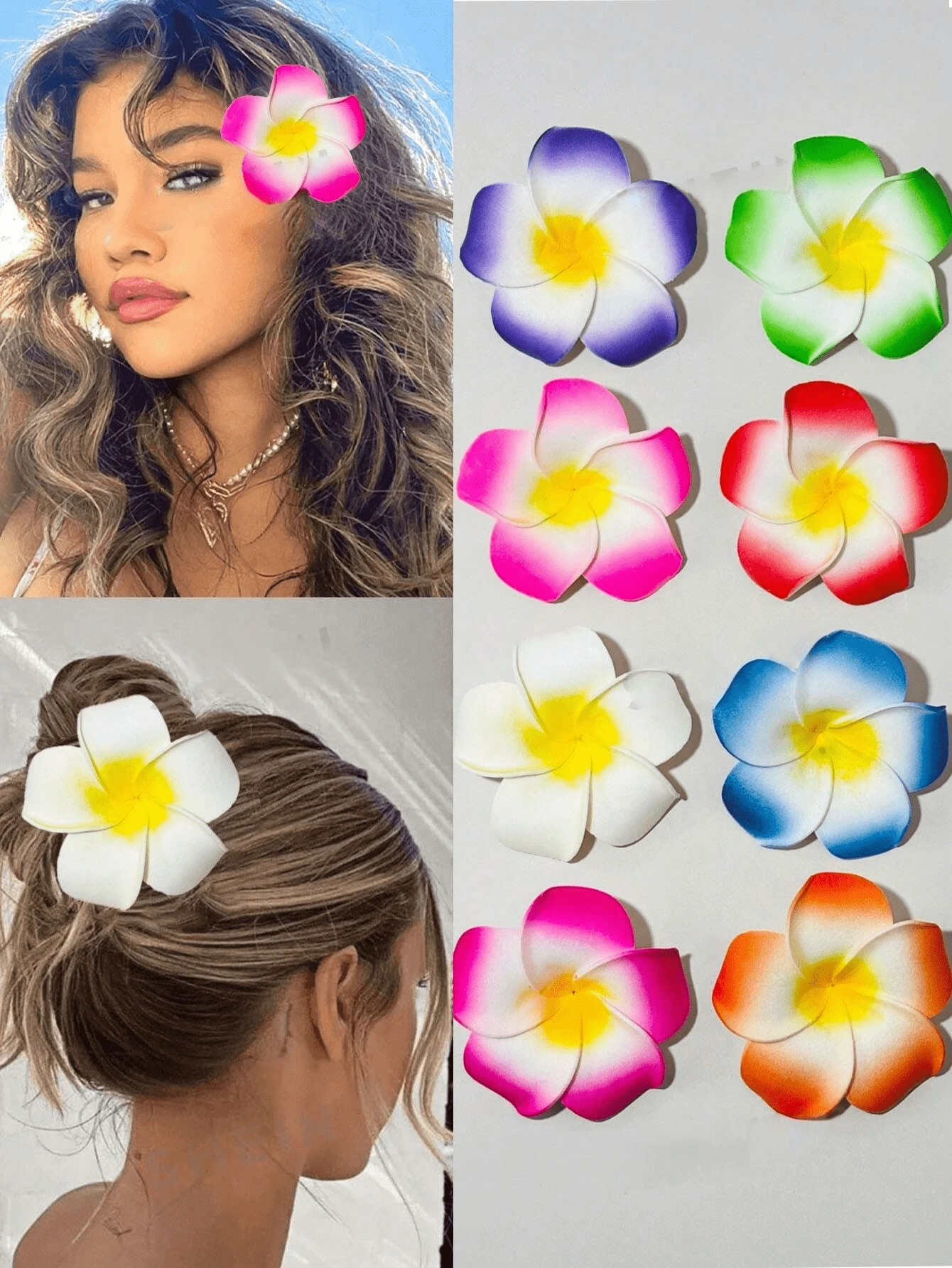 Set de 8 piezas/Pinzas para el cabello con flores hawaianas, Pinzas para el cabello con flores de hibisco y loto, Pinzas para el cabello con flores artificiales, Adecuadas para vacaciones, playa, fiesta, estilo bohemio, Set de pinzas para el cabello con flores de tela de unicolor elegante, Accesorios para el cabello con flores de loto, Pinzas para el cabello, Pasadores para el cabello, Accesorios para la cabeza - Multicolor - Ver 1