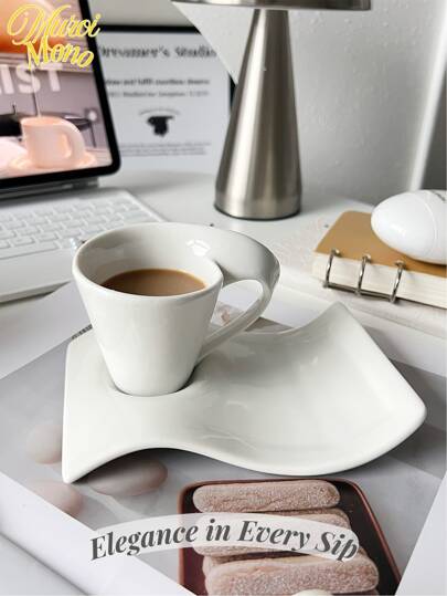 1 set asymmetrisk vågig keramikkopp och fat, unik personlig, fritt utformad kaffekopp och fatset, amerikanskt eftermiddagste och dessertkopp och fatset, minimalistisk högestetisk praktisk present, lämplig för restaurang, vardagsrum, presentgivning, café