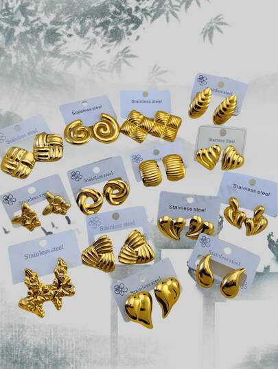 12 Pairs Of Elegant Style Stainless Steel Cast Flower-Shaped, Teardrop-Shaped, Butterfly-Shaped, Wing-Shaped And Other Geometric-Shaped Earrings. These Simple Yet Fashionable Stainless Steel Earrings Are Suitable For Ladies To Wear In Their Daily Lives And Are The Best Gifts For Female Friends.