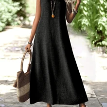 Women'S V-Neck Sleeveless Maxi Dress - Solid Color, Loose Fit, Comfortable Polyester Blend, Perfect For Casual Or Formal Occasions, Casual Dressing | Vneck Dress | Polyester Blend Dres - 黑色 - 查看 1
