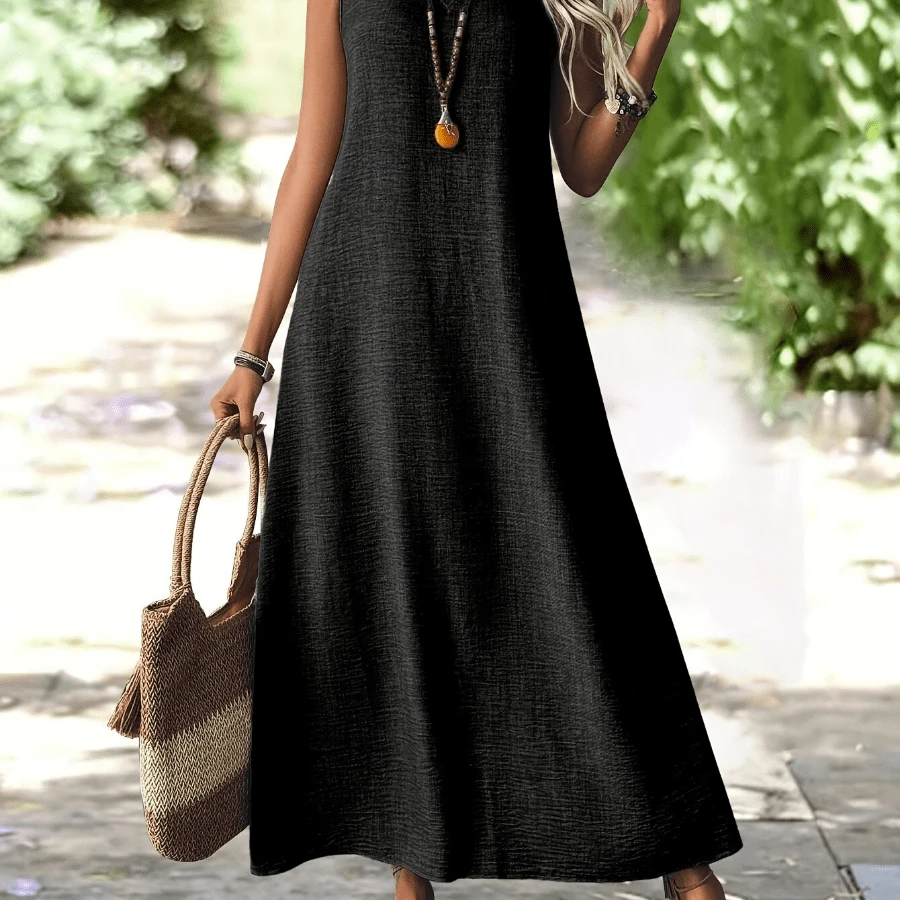Women'S V-Neck Sleeveless Maxi Dress - Solid Color, Loose Fit, Comfortable Polyester Blend, Perfect For Casual Or Formal Occasions, Casual Dressing | Vneck Dress | Polyester Blend Dres - 黑色 - 查看 1