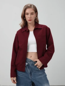HZXVIC Giacca di moda con zip e bottoni, di colore unito, nuovo modello autunnale per donna, con collo alla coreana, stile casual, leggera - Bordò - Visualizzare 2