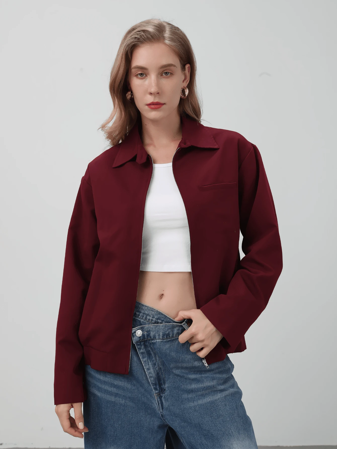 HZXVIC Giacca di moda con zip e bottoni, di colore unito, nuovo modello autunnale per donna, con collo alla coreana, stile casual, leggera