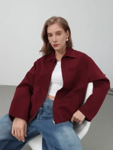 HZXVIC Giacca di moda con zip e bottoni, di colore unito, nuovo modello autunnale per donna, con collo alla coreana, stile casual, leggera - Bordò - Visualizzare 8