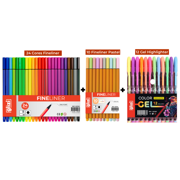 Kit Glizi 46 Cores, 34 Canetas Coloridas Fineliner Ponta Fina e Tons Pastel + 12 Canetas ColorGel