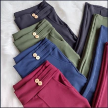 Women's Plus Size Pants - High Waist, Buttons In The Front - màu đen - Xem 6