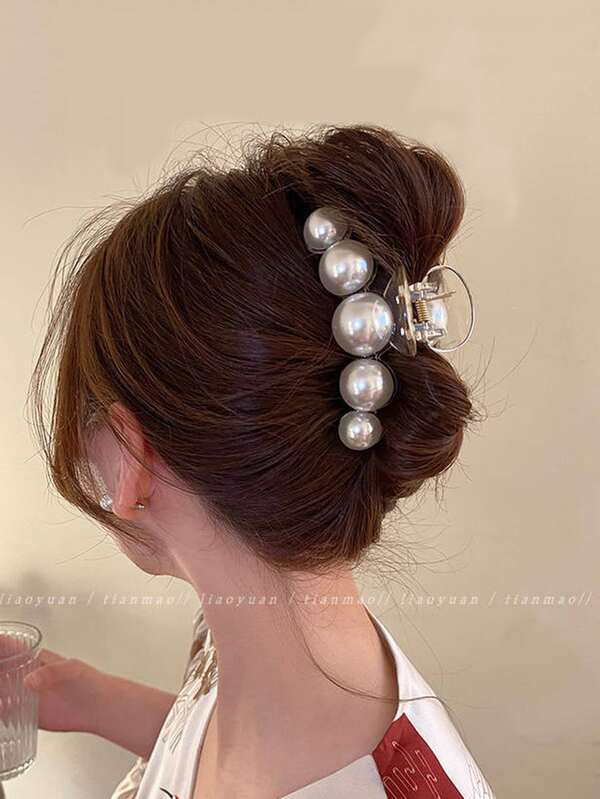 مشبك شعر مزين بخرز اللؤلؤ الصناعي البيج بوهيمي قطعة واحدة، مناسب للشعر السميك وتسريحة الشعر المرفوع، أنيق ومناسب للارتداء اليومي