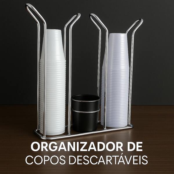 Suporte Porta Copos Descartáveis 80ml 200ml com Organizador de Colheres – Aço Cromado para Café e Água