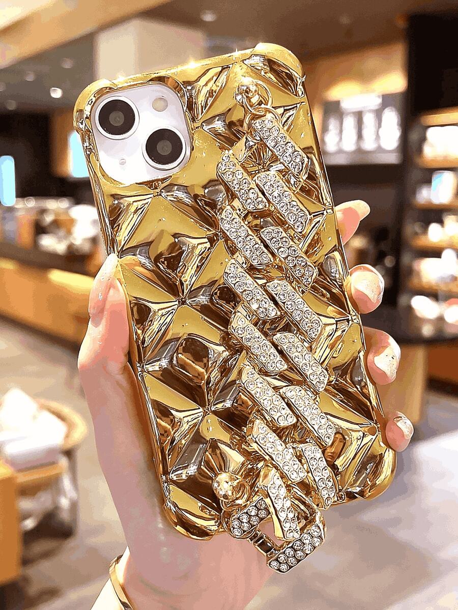 电镀钻石形钻石锁手链 Tpu 手机壳，适用于 11/12、13/14/15/15 Plus/15 Pro/15 Pro Max/16 16 Pro 16 Pro Max - 金色 - 查看 1
