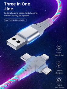 3-In-1 LED Illuminated Fast Charging Cable | Braided USB-C To Lightning/Micro USB | Compatible With 16/15 Series Super Fast Charger, Galaxy, Universal Travel/Home/Office Data Cable, Christmas Gift/Gift For Family - Blue - View 5