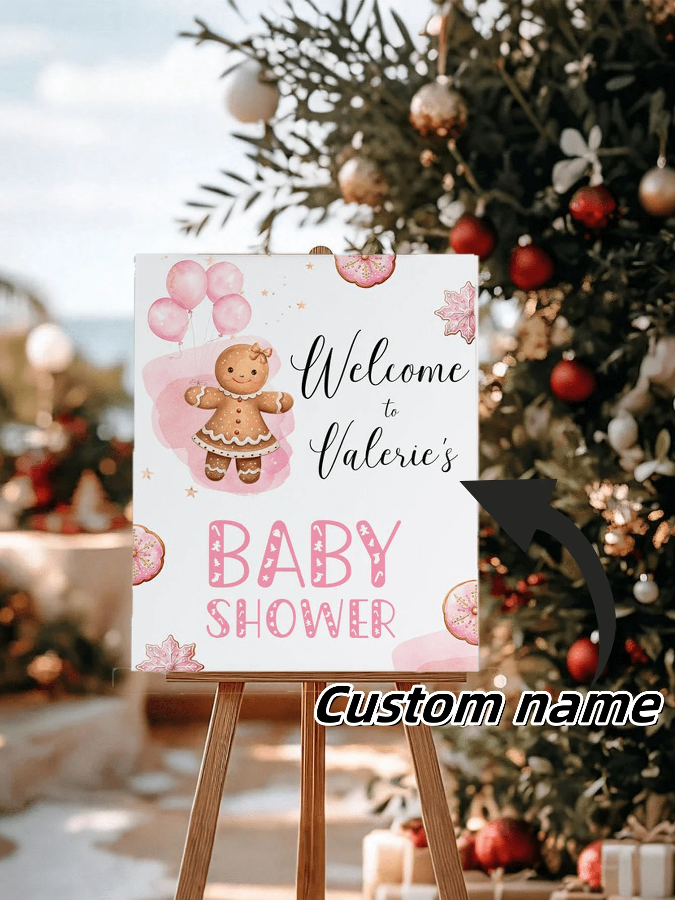 1pc Customizable Pink Balloon Gingerbread Welcome Sign For Baby Shower, Christmas Cookie Display Stand Poster, Sweet Baby Girl Entrance Sign, Christmas Decoration, Holiday Decor, Party Supplies, Editable, Printable - Multicolor - View 1