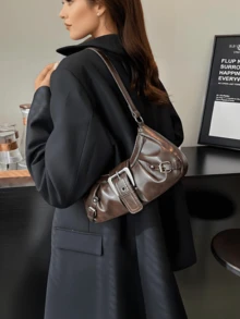 1pc Women's Retro Maillard Punk Wanderer Motorcycle Bag, Rivet Decoration, Adjustable Strap, Large Capacity, Soft Artificial Wax Leather, Ombre Colors, Shoulder & Crossbody Bag, Suitable For Work, Commute, Dating And Parties, Niche Design, Steampunk, Goth, Bag For Women, Cool Girls Street Wear, Perfect For Music Festival, Concert, Rock Style Bag For Women, Japanese Bag, Y2k Bag, Gothic Punk Bag For Women, 2000s Fashion Style Bag For Women, Vintage Bag For Women - màu nâu - Xem 7