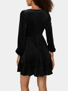 Women's Elegant V-Neck Puff Sleeve Cinched Waist A-Line Velvet Dress, Suitable For Party, Autumn/Winter - Black - View 2