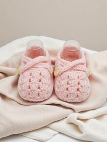 1 Pair Handmade Crochet Infant Shoes, Light Purple Color With Button Decor, Infant Size - Baby Pink - View 4