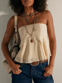 Women's Lace Floral Embroidery Tube Top Strapless Off Shoulder Ruffle Hem Babydoll Flowy Bandeau Tops Summer Sleeveless Backless Cute Cami Vest Sweet Going Out Tops Shirts Vintage Aesthetic Clothes Streetwear - 杏色 - 查看 1
