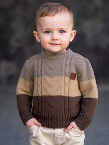 Sueter sweater infantil color-block Punto trenzado cuello redondo manga larga invierno frio comodo suave multicolor casual. - Beis - Ver 1