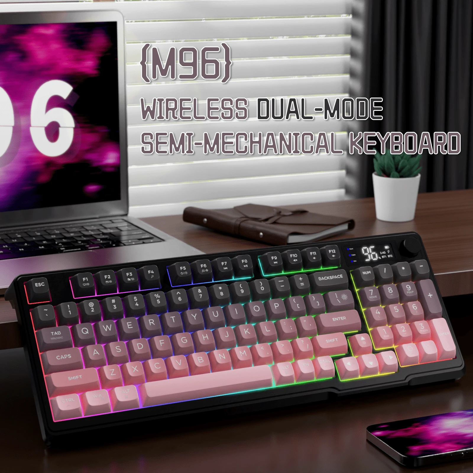 LexonElec M96 Wireless Keyboard, Low Profile Quiet Typing Membrane Gaming Keyboard With Smart Display & Knob, RGB Backlit, USB C Rechargeable, 94 Keys PBT Keycap For Windows PC, Linux-Blackberry/ Moonlit Night/ Grape Purple