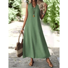 Women'S V-Neck Sleeveless Maxi Dress - Solid Color, Loose Fit, Comfortable Polyester Blend, Perfect For Casual Or Formal Occasions, Casual Dressing | Vneck Dress | Polyester Blend Dres - 黑色 - 查看 2