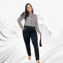 Women's Plus Size Pants - High Waist, Buttons In The Front - màu đen - Xem 3