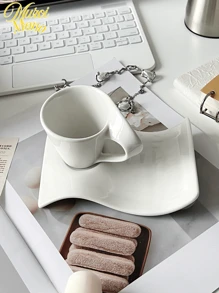 1 Set Asymmetrical Wavy Ceramic Cup & Saucer, Unique Personalized, Free Style Coffee Cup & Saucer Set, American Afternoon Tea Dessert Cup & Saucer Set, Minimalist High Aesthetics Practical Gift, Suitable For Restaurant, Living Room, Gift Giving, Cafe - White - View 7