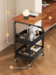 1pc Rolling Cart With Wooden Tabletop, 3 Tier Metal Utility Cart, Rolling Storage Organizer Cart With Lockable Wheels For Kitchen, Office, Bedroom (Black/White)