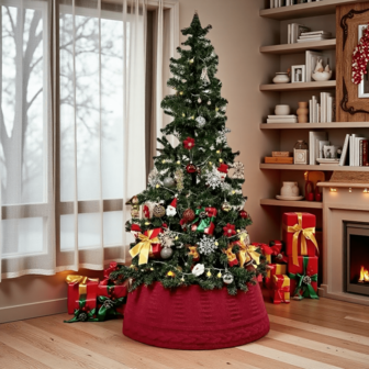 1 Piece Christmas Tree Surround Luxury Retro Burgundy Knitted Christmas Tree Skirt Base-Soft, Sturdy, Elegant Outdoor Farmhouse Charm-Ideal For Family Vacation Decoration And Festive Atmosphere