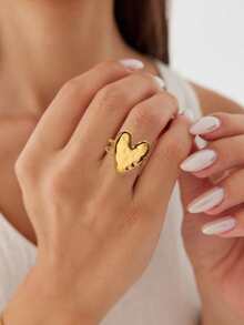 1pc Sweet Textured Heart-Shaped Open Ring, Women's Gold Stainless Steel Ring, Suitable For Weddings, Valentine's Day And Other Occasions, Can Be Used As Jewelry Decoration - Multicolor - View 1