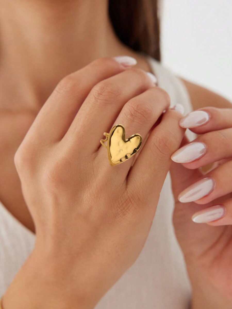1pc Sweet Textured Heart-Shaped Open Ring, Women's Gold Stainless Steel Ring, Suitable For Weddings, Valentine's Day And Other Occasions, Can Be Used As Jewelry Decoration - Multicolor - View 1
