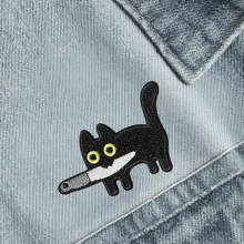 1 pieza/8 piezas Parches de planchar de gato negro con diseños divertidos de memes, animales de dibujos animados lindos con cuchillo y pan, para coser, reparar, bordar, aplicar, estética, gatito, manualidades DIY, accesorios, regalos para amantes de las mascotas, ropa, mochila, sombrero (Brindándote efectos visuales inesperados)