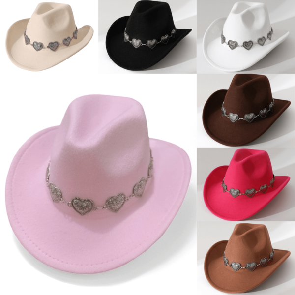 1 pieza Sombrero de ala ancha con forma de corazón y borde ondulado para mujer, decorado con cadena de corazón de plata minimalista, protección solar para exteriores, adecuado para actuaciones, fiestas, sombrero fedora unisex