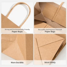 100Pcs Gift Bags 8.3x4.3x10.6 Kraft Brown Paper Gift Bags With Handles Bulk For Wedding, Party Favor, Grocery, Shopping, Retail, Merchandise Medium Paper Sacks - 駝色 中號 - 查看 3