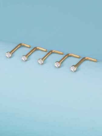 5 pièces/10 pièces Diamants blancs Clous de nez en or en forme de L de 0,8 mm d'épaisseur, Assortiment de clous de nez colorés