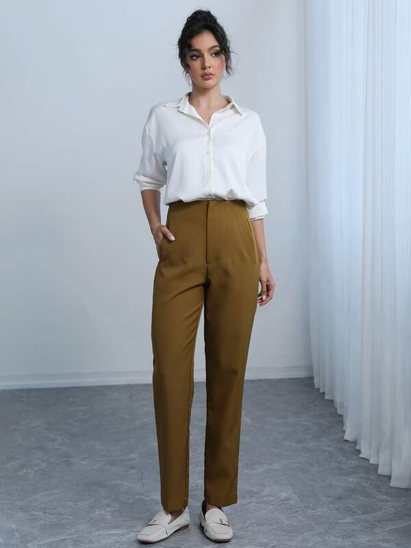 Calça feminina de cintura alta em cor sólida, modelo casual de perna reta, ideal para o outono e inverno, perfeita para o trabalho no escritório. Confortável e elegante, com comprimento ideal para o dia a dia.