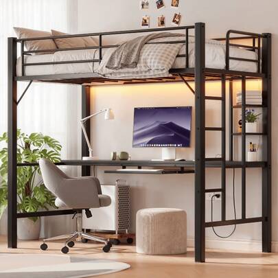 Cama alta individual, Cama alta individual con escritorio y luces LED, Estación de carga y estantes de almacenamiento, Base de cama de metal resistente con protección y escalera, No necesita somier, ahorra espacio