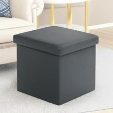 Taburete organizador de lino, plegable, con compartimento interno y tapa acolchada - Gris Oscuro Vinipiel - Ver 1