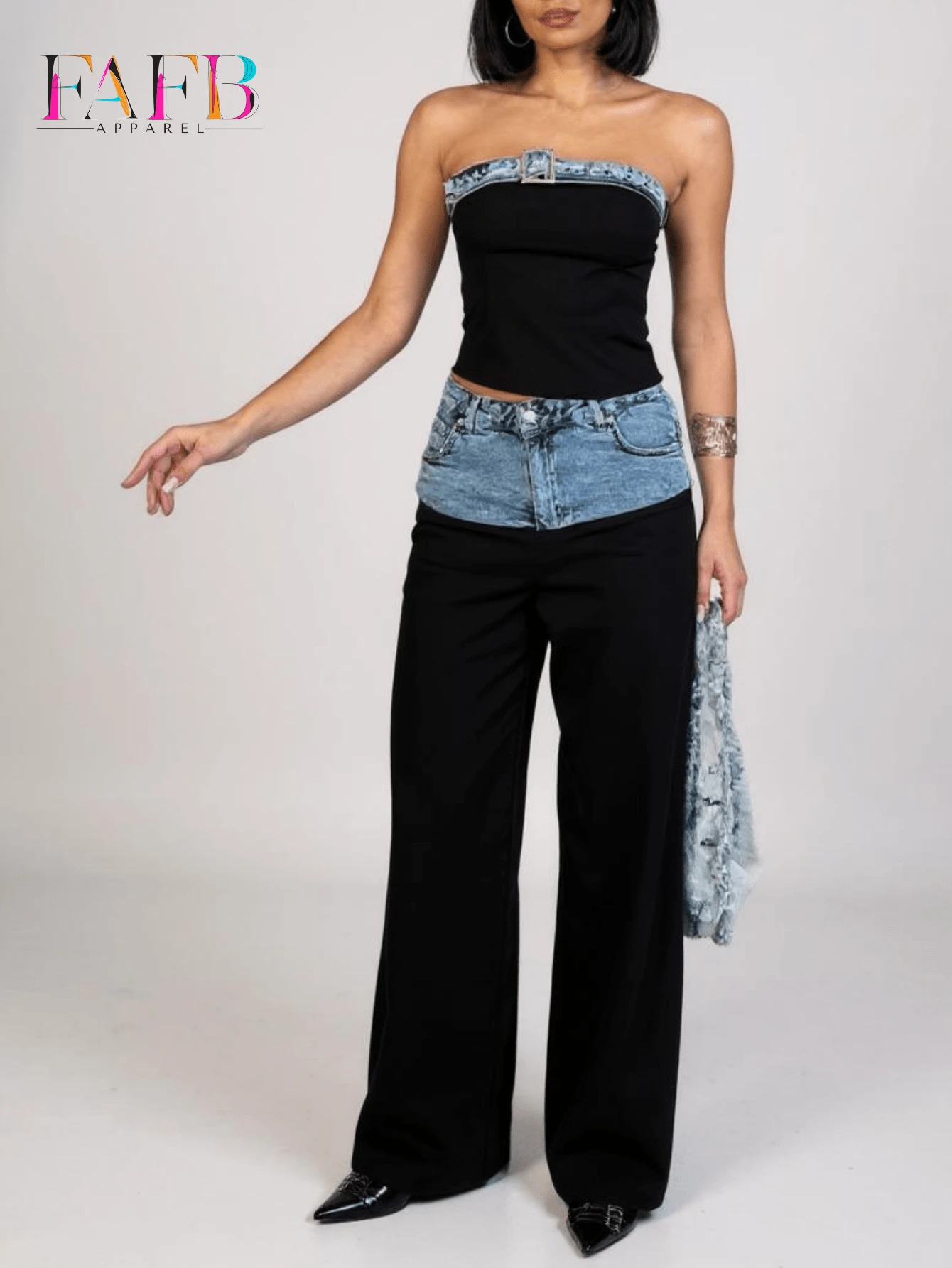 FAFB Apparel  Cute    Denim    Casual Denim Contrast Tube Top Sleeveless Wide-Leg Women's Two-Piece Set, Spring/Summer Suitable For Going Out - Black - View 1