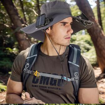 Men's Solar Cooling Hat With Sunshade Brim - Wide Brim UPF Sun Protection, Lightweight And Breathable Design Suitable For Outdoor, Camping, Hiking - Cycling, Fishing, Traveling - Portable Fan Hat