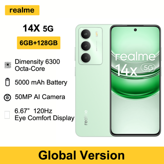 Realme 14X 6GB+128GB AI 5G LTE, Global Version, Unlocked Cellphone, Andrid 15 Smartphone, Mediatek Dimensity 6300 Processor Mobile Phone, 5000mAh Large Battery Celulares Reliable Quality, Christmas Gifts/Presents, WIthout Charger