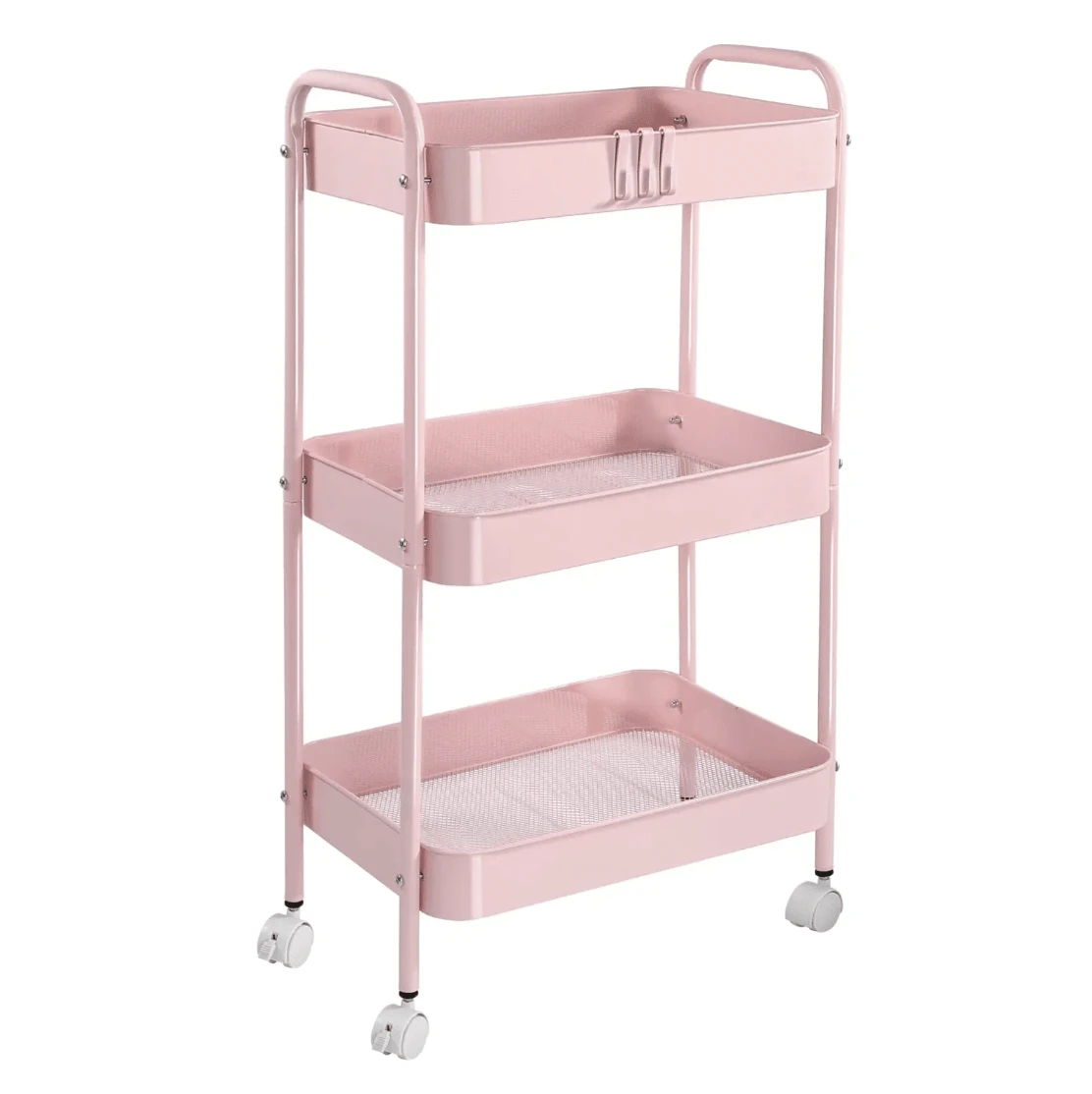 Back To School 3-Tier Metal Rolling Cart With Wheels Pink Student Dormitory Snack Study Tool Storage Cart With Handle And Lockable Universal Wheel Dormitory Must Have Artifact Kitchen Office Organizer Racks - Pink - View 1