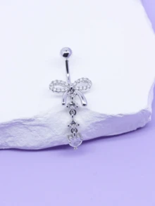 1pc Rhinestone Double Gem Navel Belly Ring, Fashion Piercing Jewelry