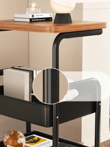 1pc Rolling Cart With Wooden Tabletop, 3 Tier Metal Utility Cart, Rolling Storage Organizer Cart With Lockable Wheels For Kitchen, Office, Bedroom (Black/White)