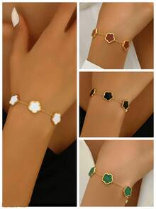 1 件波西米亚风格优雅 18K 镀金不锈钢五叶草指环手链套装，适合女性日常佩戴的珠宝，母亲节佳品 - 五葉草連指手鍊 - 查看 6